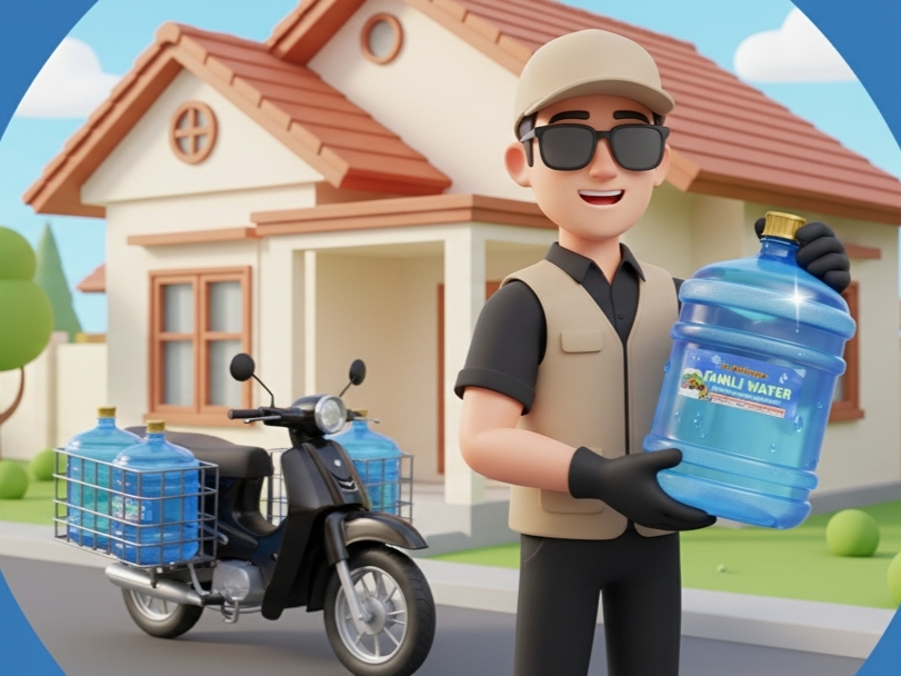 Kurir FAMILI WATER antar air minum isi ulang